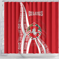 Belarus Shower Curtain with National Emblem and Traditional Pattern Red