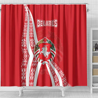 Belarus Shower Curtain with National Emblem and Traditional Pattern Red