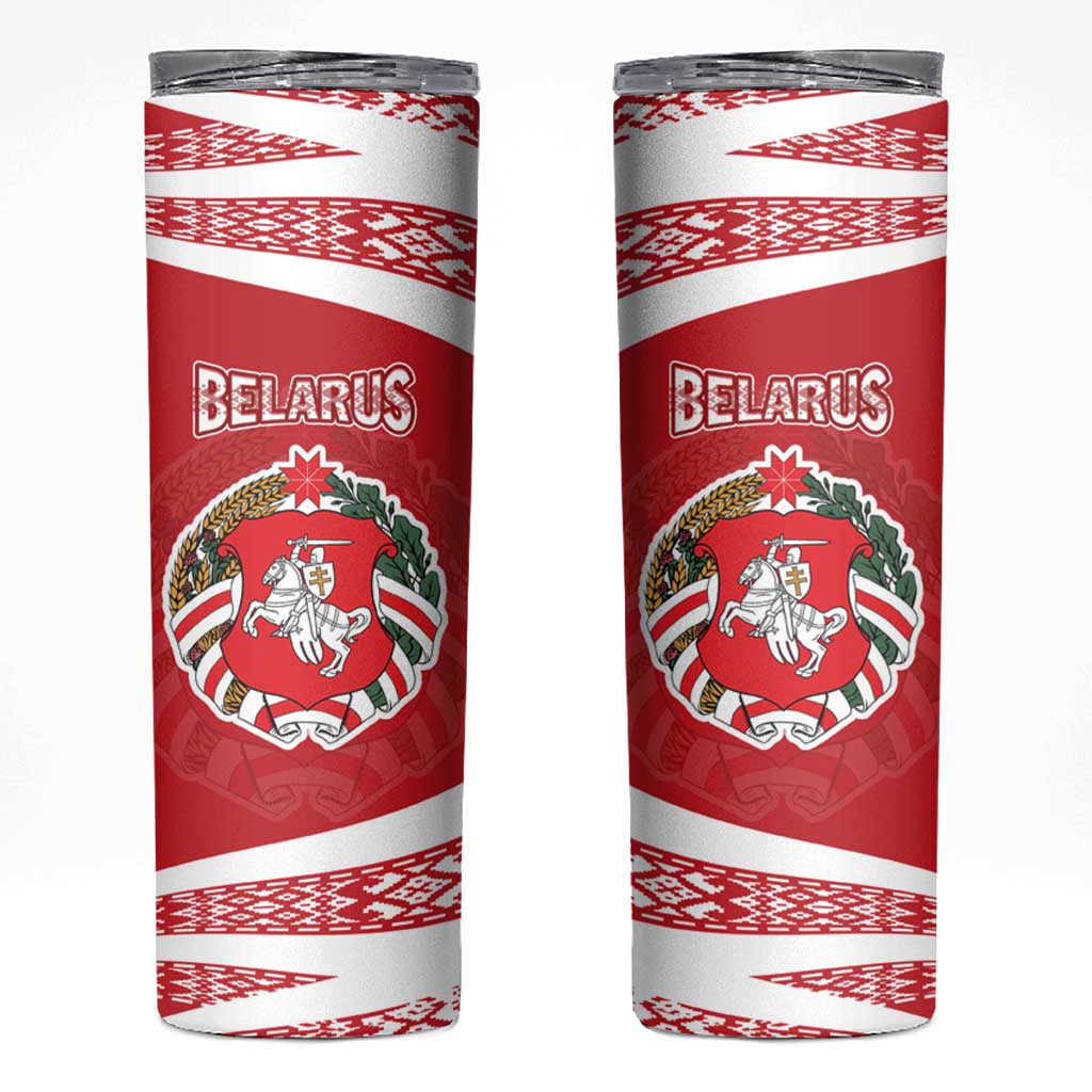 Belarus Skinny Tumbler with National Emblem and Traditional Pattern Red
