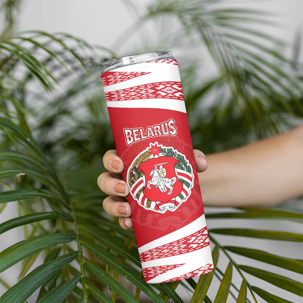 Belarus Skinny Tumbler with National Emblem and Traditional Pattern Red