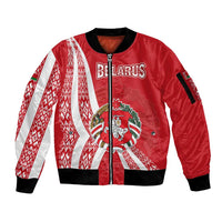 Belarus Sleeve Zip Bomber Jacket with National Emblem and Traditional Pattern Red