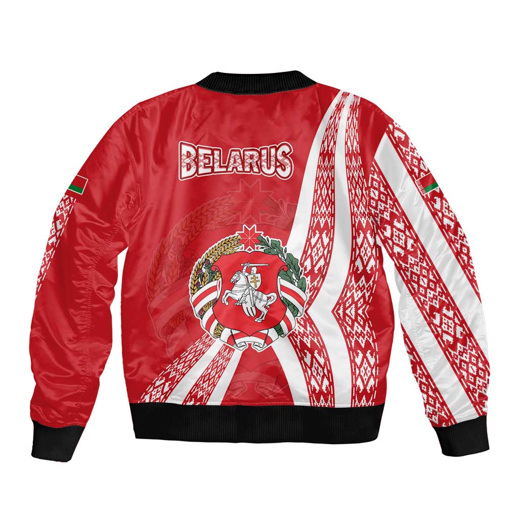 Belarus Sleeve Zip Bomber Jacket with National Emblem and Traditional Pattern Red
