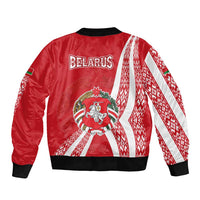Belarus Sleeve Zip Bomber Jacket with National Emblem and Traditional Pattern Red