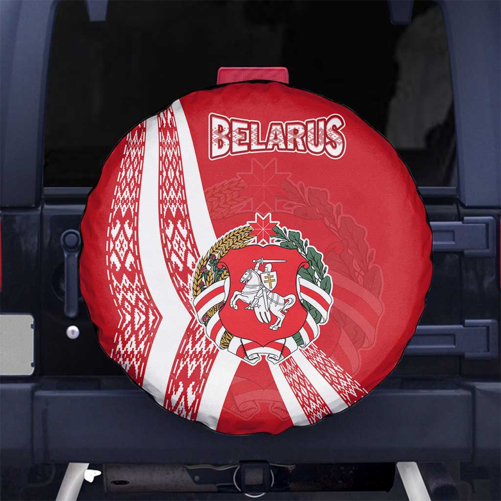 Belarus Spare Tire Cover with National Emblem and Traditional Pattern Red