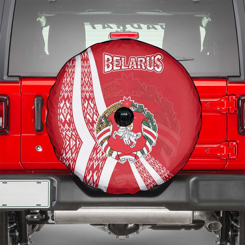 Belarus Spare Tire Cover with National Emblem and Traditional Pattern Red