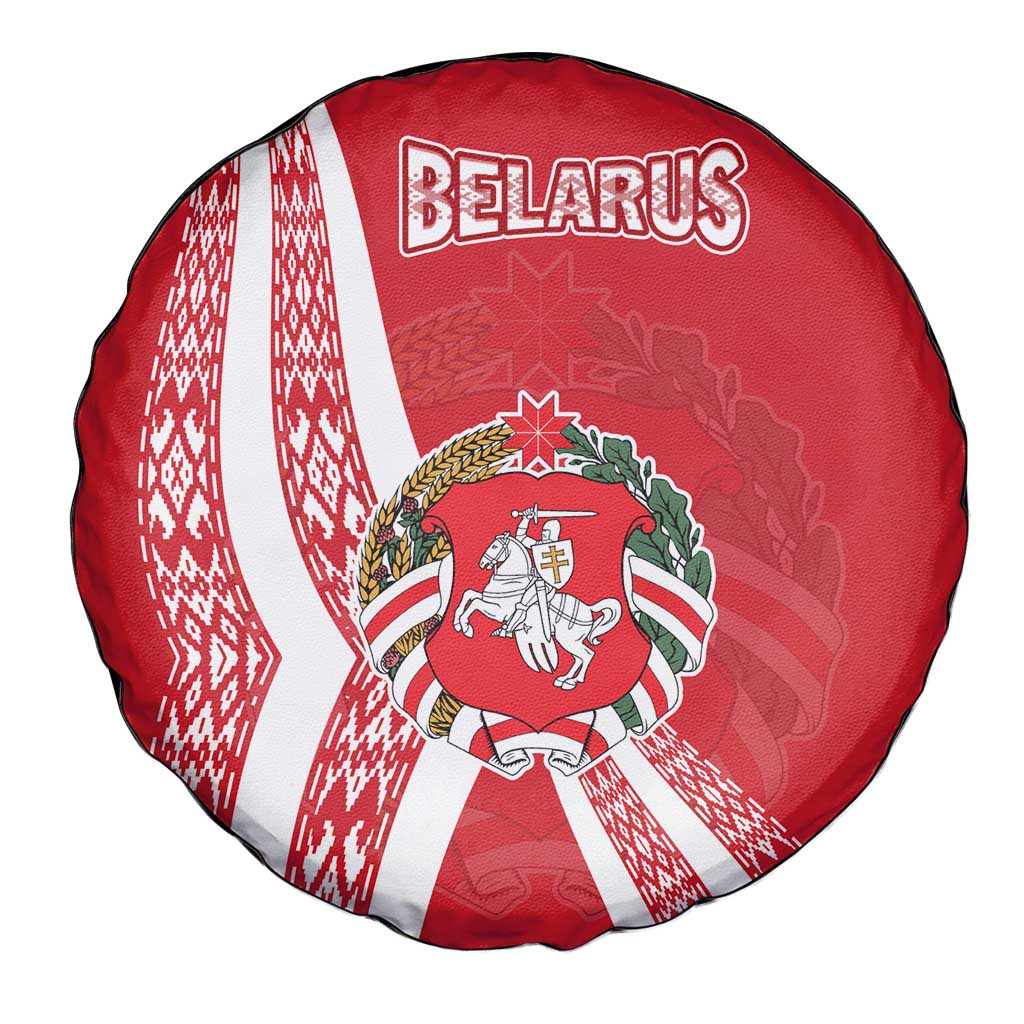 Belarus Spare Tire Cover with National Emblem and Traditional Pattern Red