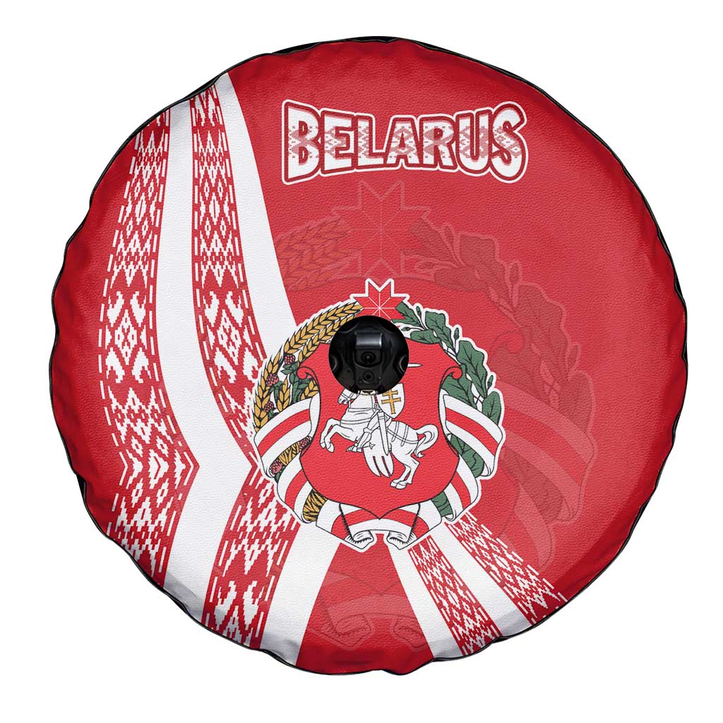 Belarus Spare Tire Cover with National Emblem and Traditional Pattern Red
