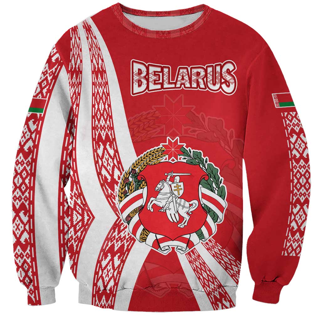 Belarus Sweatshirt with National Emblem and Traditional Pattern Red