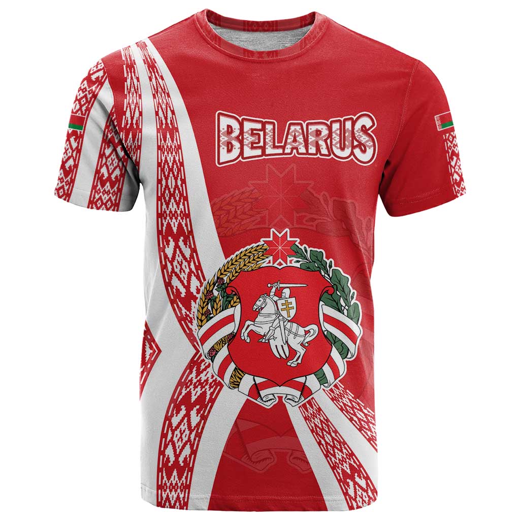 Belarus T Shirt with National Emblem and Traditional Pattern Red