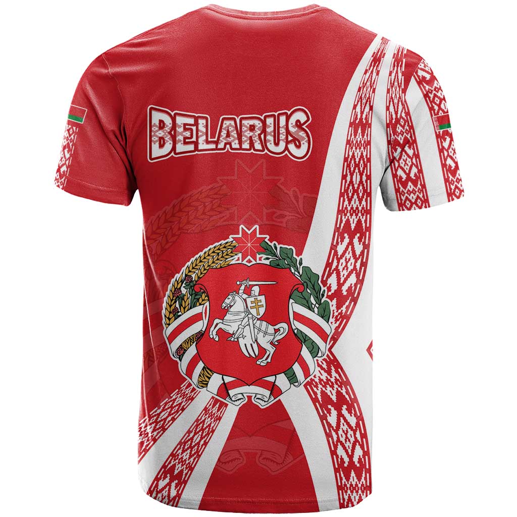 Belarus T Shirt with National Emblem and Traditional Pattern Red