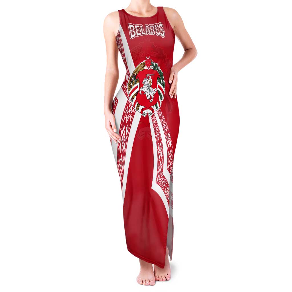 Belarus Tank Maxi Dress with National Emblem and Traditional Pattern Red