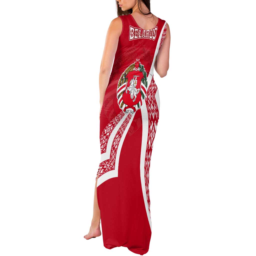Belarus Tank Maxi Dress with National Emblem and Traditional Pattern Red