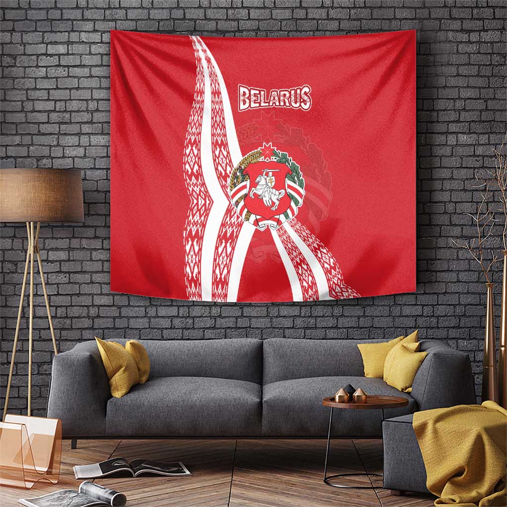 Belarus Tapestry with National Emblem and Traditional Pattern Red