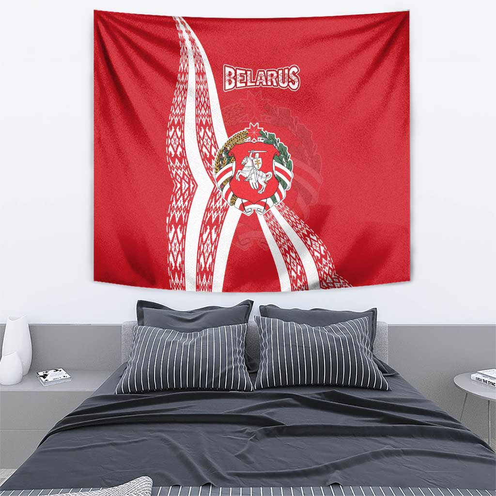 Belarus Tapestry with National Emblem and Traditional Pattern Red