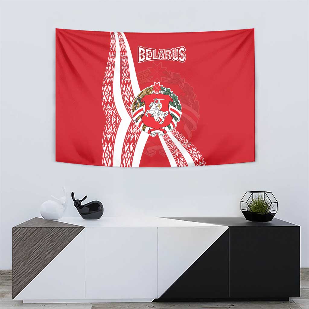 Belarus Tapestry with National Emblem and Traditional Pattern Red