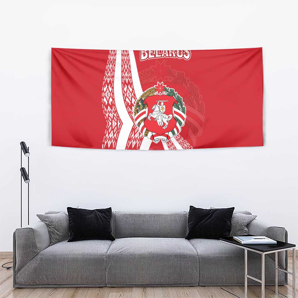 Belarus Tapestry with National Emblem and Traditional Pattern Red