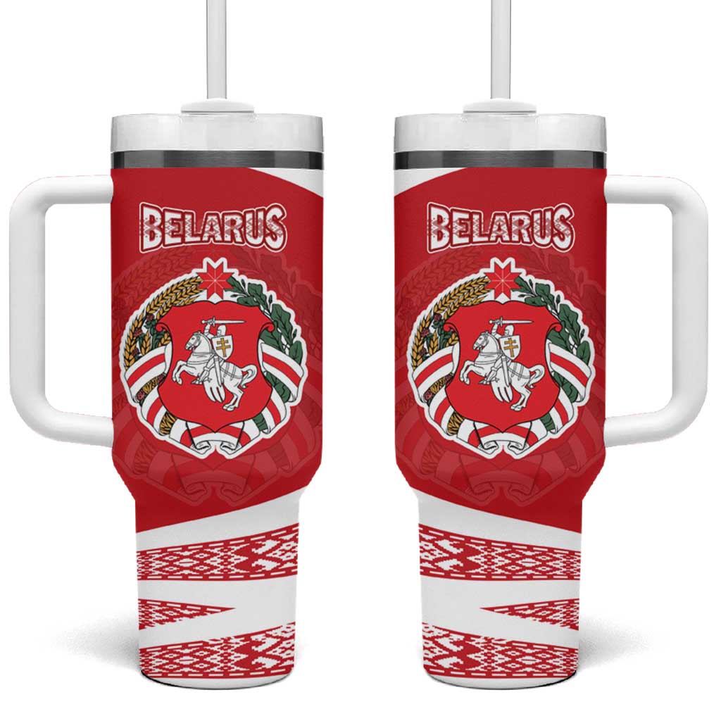 Belarus Tumbler With Handle with National Emblem and Traditional Pattern Red