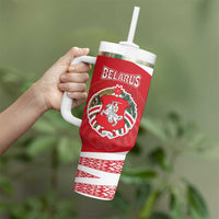Belarus Tumbler With Handle with National Emblem and Traditional Pattern Red