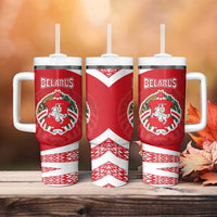 Belarus Tumbler With Handle with National Emblem and Traditional Pattern Red