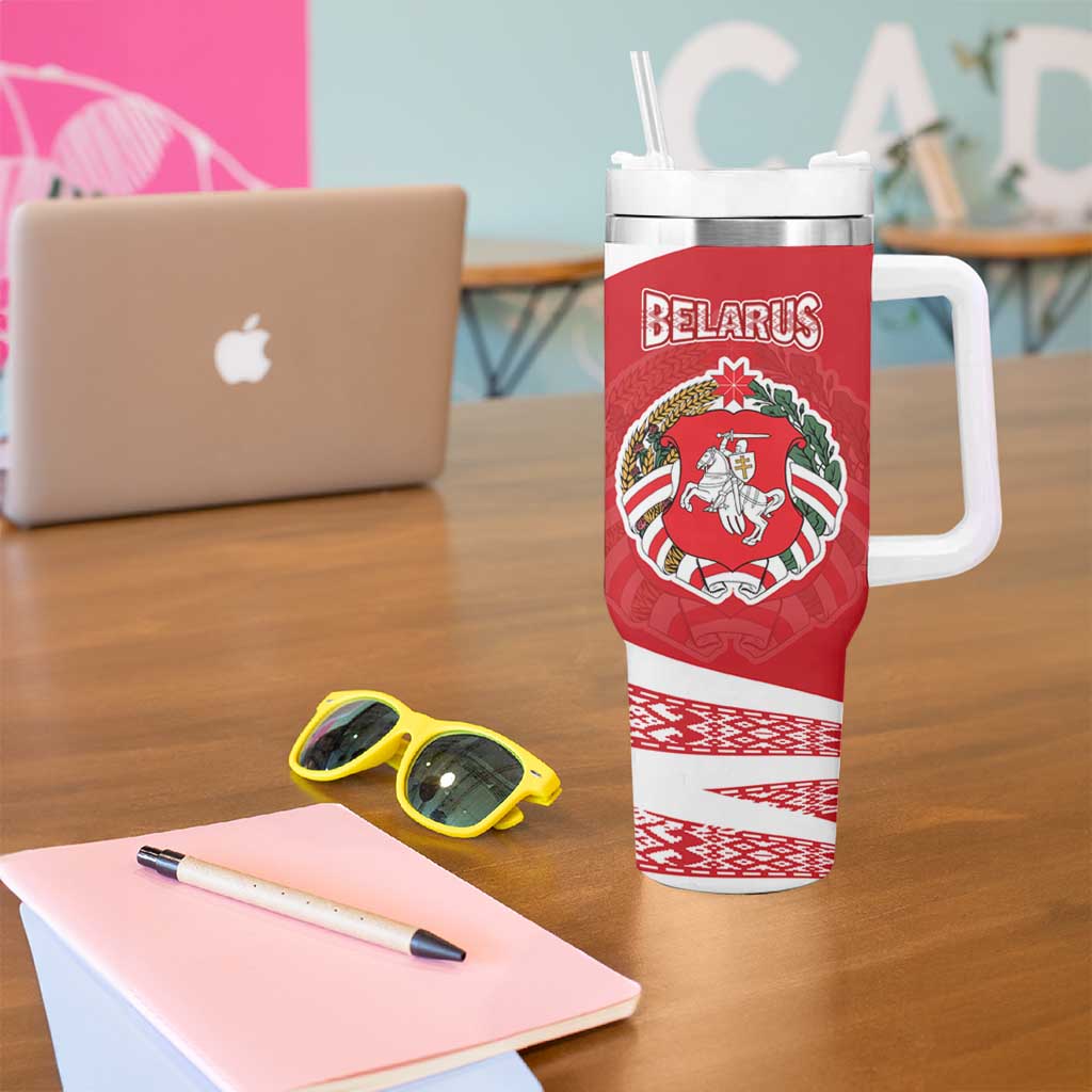 Belarus Tumbler With Handle with National Emblem and Traditional Pattern Red