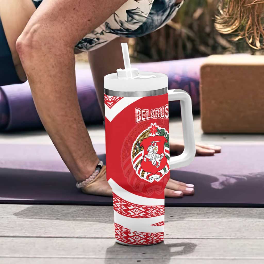 Belarus Tumbler With Handle with National Emblem and Traditional Pattern Red