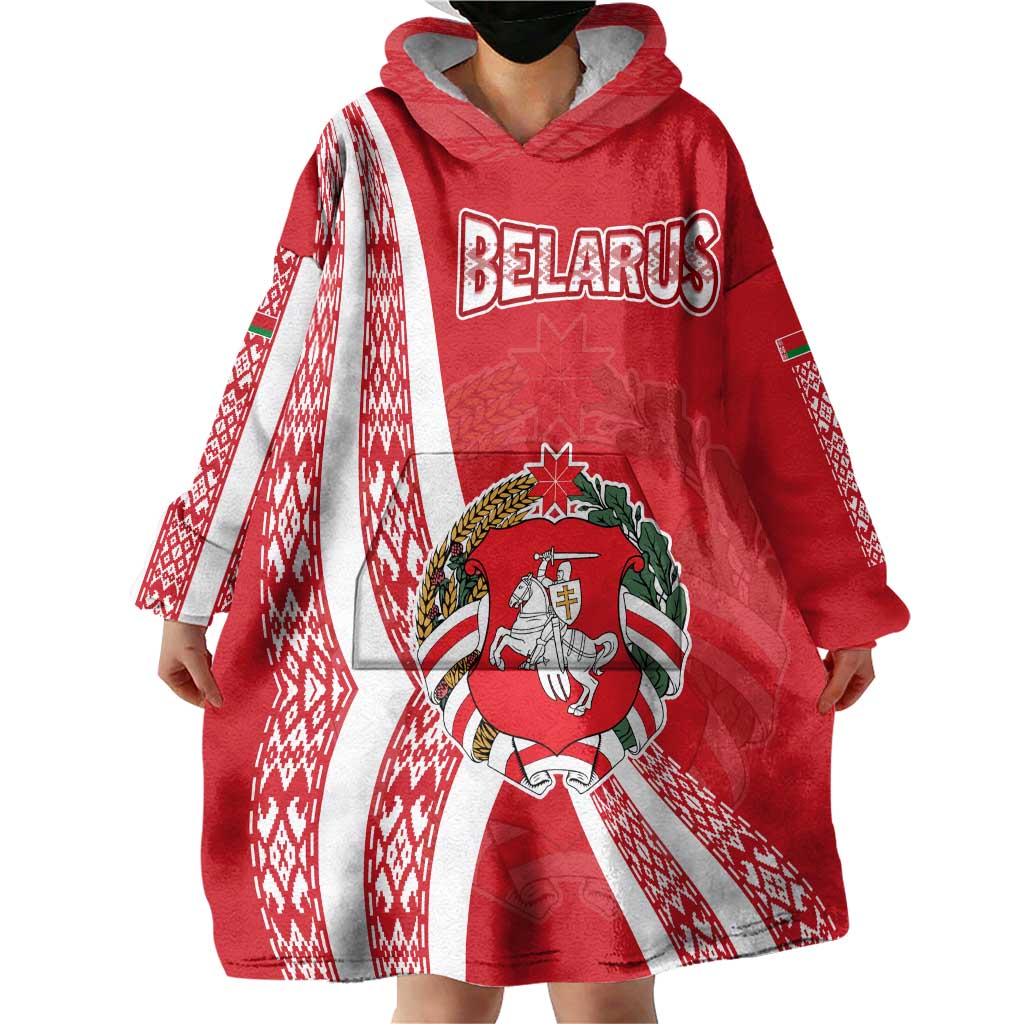 Belarus Wearable Blanket Hoodie with National Emblem and Traditional Pattern Red