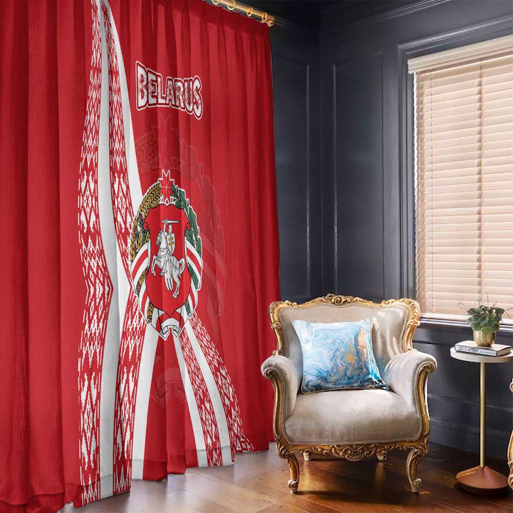 Belarus Window Curtain with National Emblem and Traditional Pattern Red