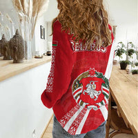 Belarus Women Casual Shirt with National Emblem and Traditional Pattern Red