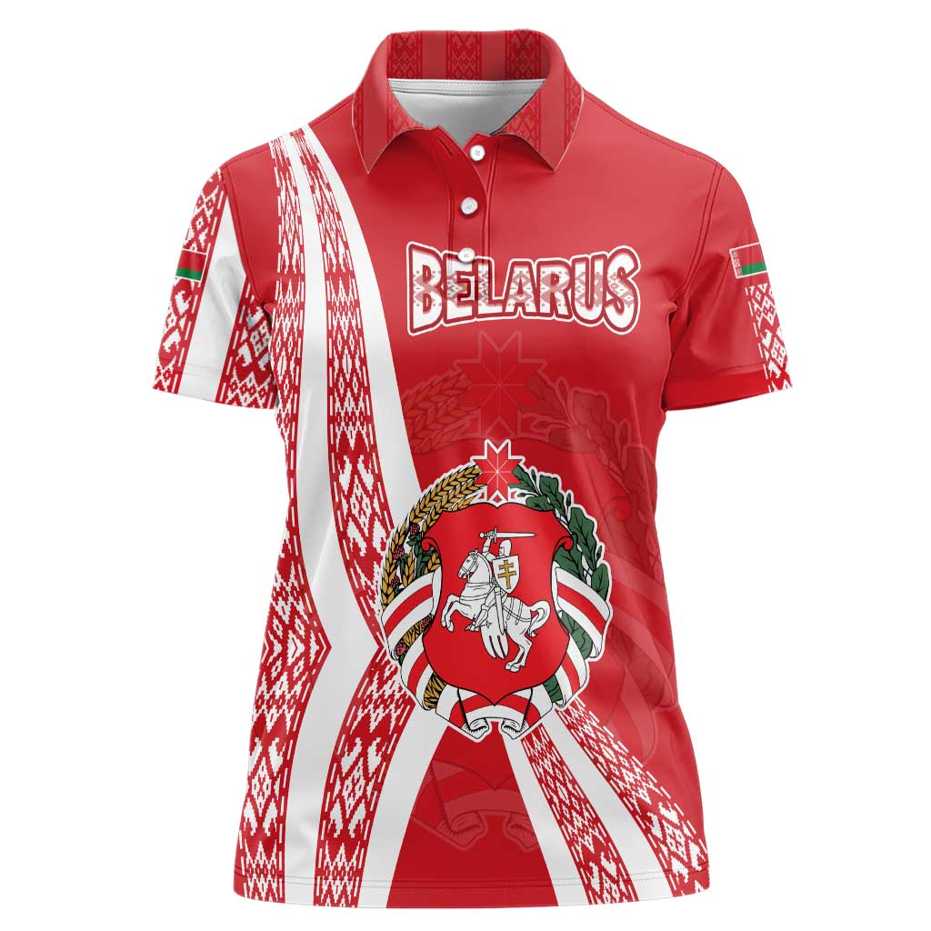 Belarus Women Polo Shirt with National Emblem and Traditional Pattern Red