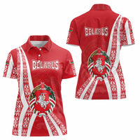 Belarus Women Polo Shirt with National Emblem and Traditional Pattern Red