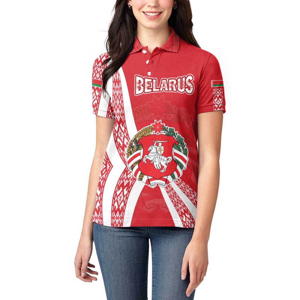 Belarus Women Polo Shirt with National Emblem and Traditional Pattern Red