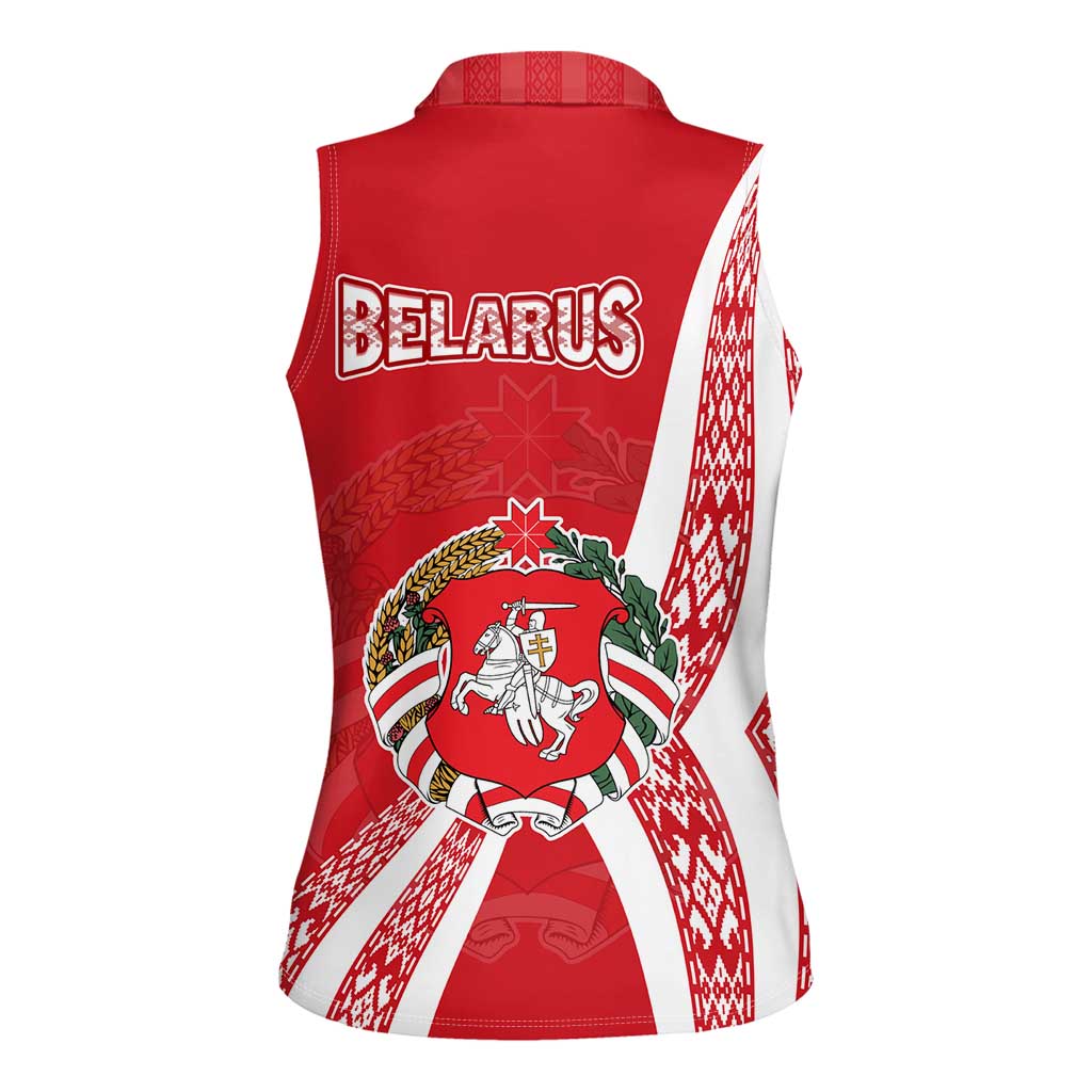 Belarus Women Sleeveless Polo Shirt with National Emblem and Traditional Pattern Red