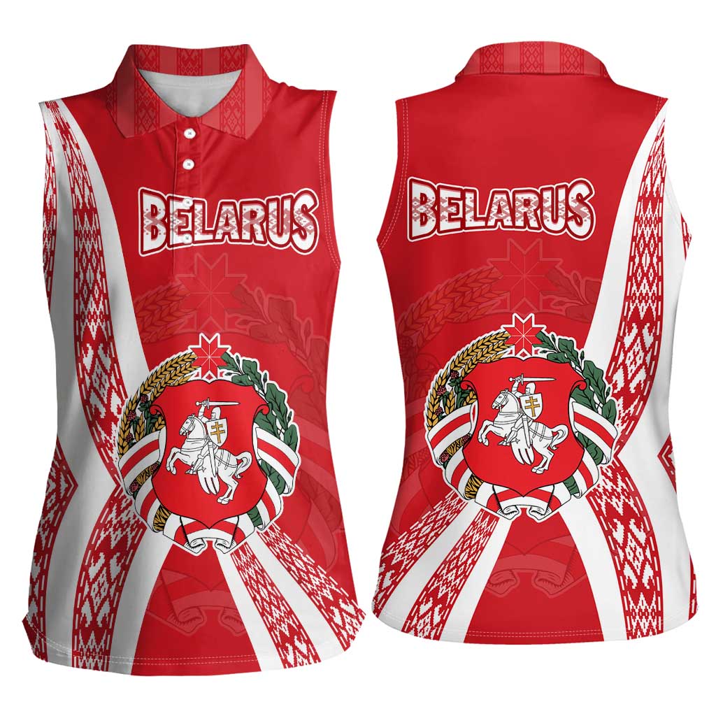 Belarus Women Sleeveless Polo Shirt with National Emblem and Traditional Pattern Red