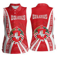Belarus Women Sleeveless Polo Shirt with National Emblem and Traditional Pattern Red