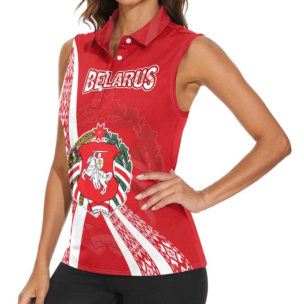 Belarus Women Sleeveless Polo Shirt with National Emblem and Traditional Pattern Red