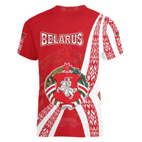 Belarus Women V-Neck T-Shirt with National Emblem and Traditional Pattern Red