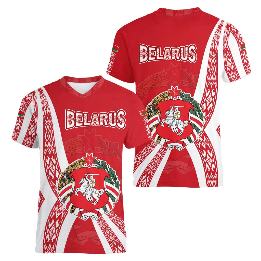 Belarus Women V-Neck T-Shirt with National Emblem and Traditional Pattern Red