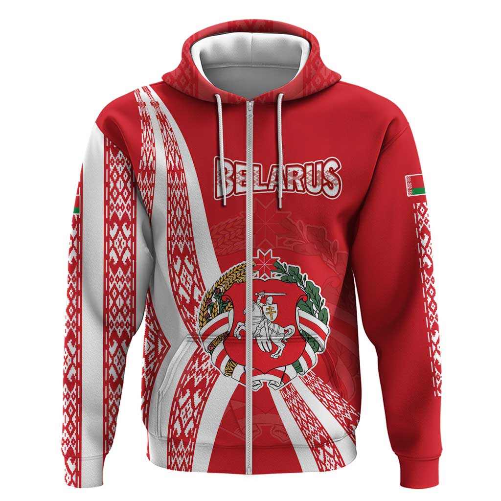 Belarus Zip Hoodie with National Emblem and Traditional Pattern Red