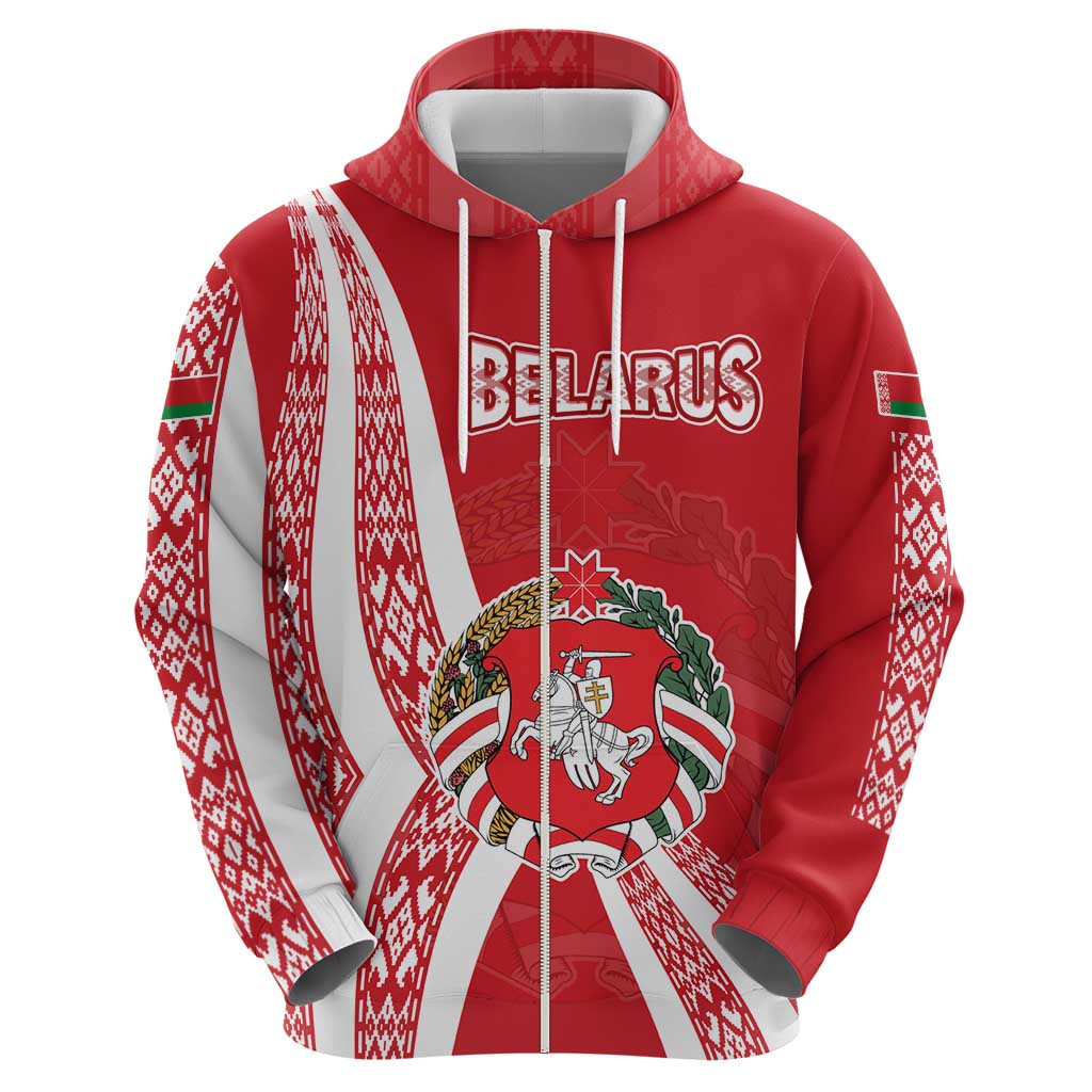 Belarus Zip Hoodie with National Emblem and Traditional Pattern Red