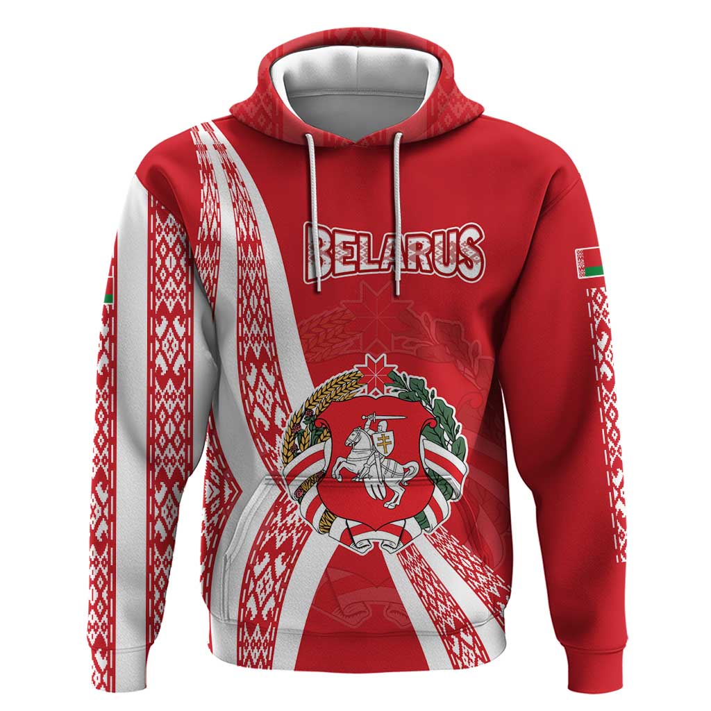Belarus Zip Hoodie with National Emblem and Traditional Pattern Red