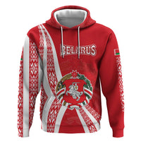 Belarus Zip Hoodie with National Emblem and Traditional Pattern Red