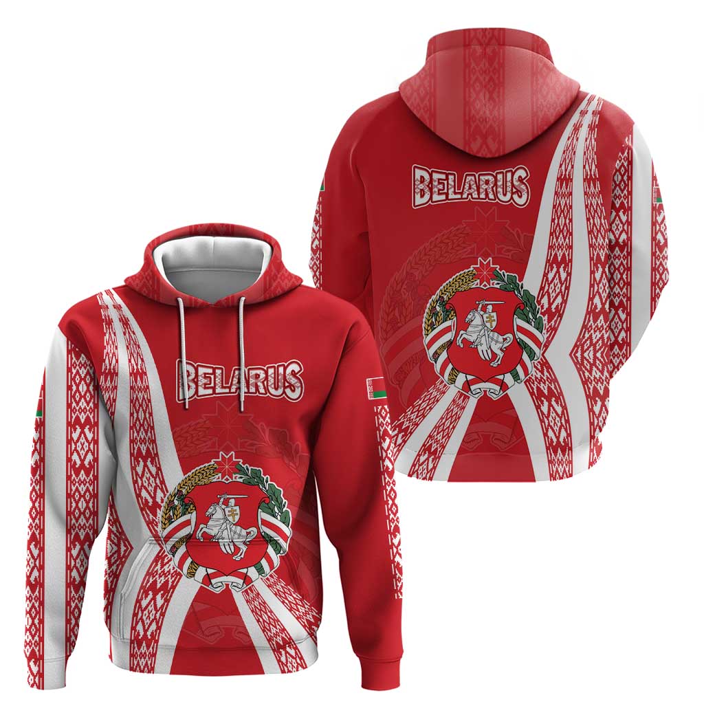 Belarus Zip Hoodie with National Emblem and Traditional Pattern Red