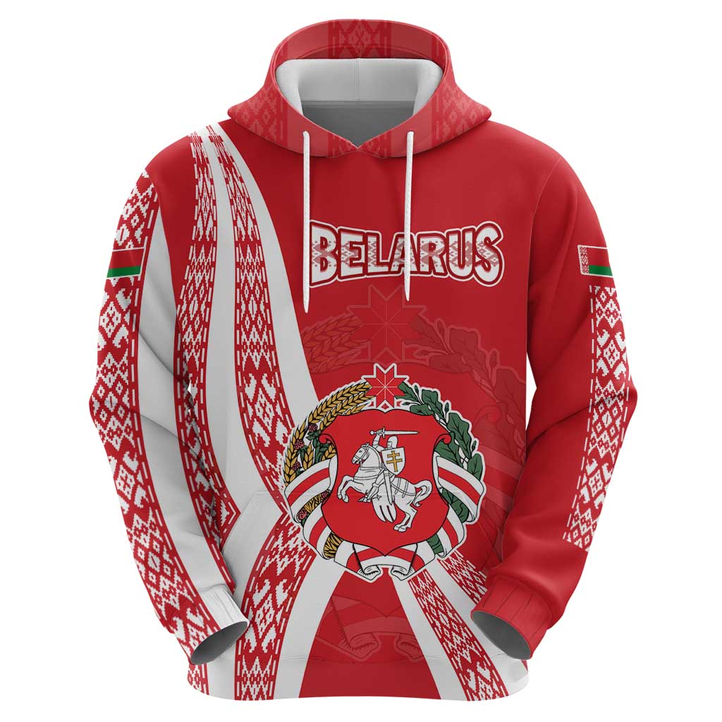 Belarus Zip Hoodie with National Emblem and Traditional Pattern Red