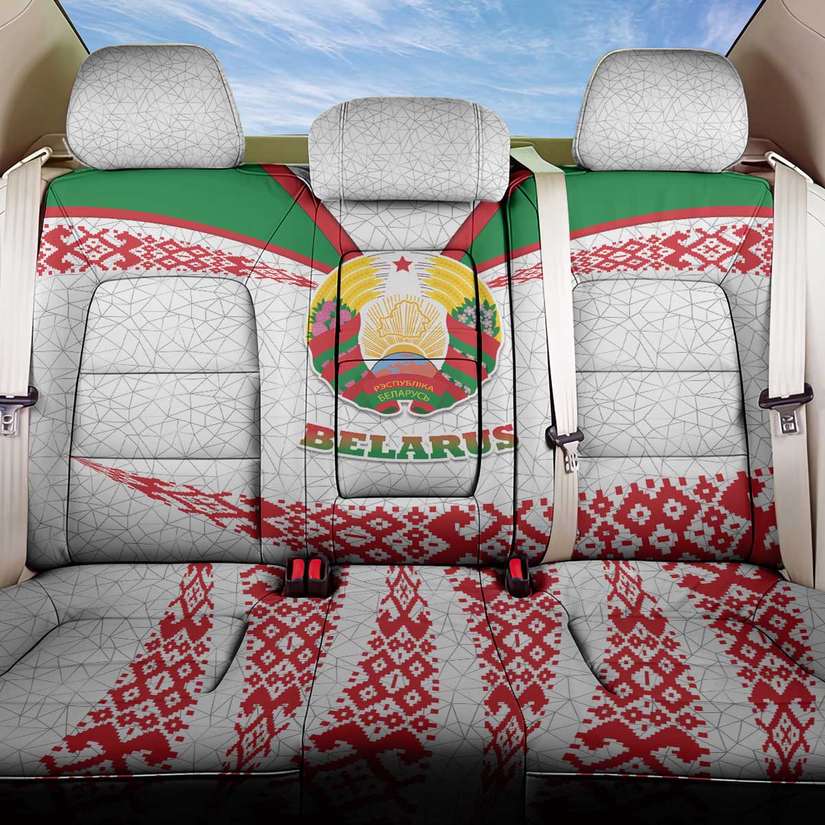 Belarus National Emblem Back Car Seat Cover with Folk Pattern White Green Red Sweatshirt