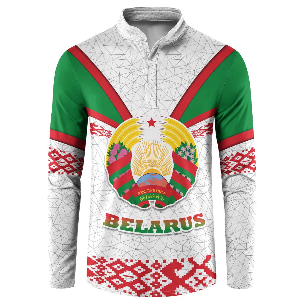 Belarus National Emblem Button Sweatshirt with Folk Pattern White Green Red Sweatshirt