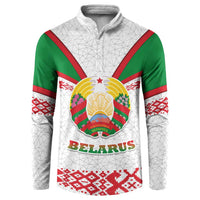 Belarus National Emblem Button Sweatshirt with Folk Pattern White Green Red Sweatshirt