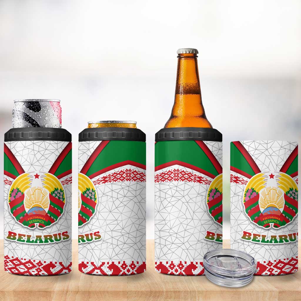 Belarus National Emblem 4 in 1 Can Cooler Tumbler with Folk Pattern White Green Red Sweatshirt