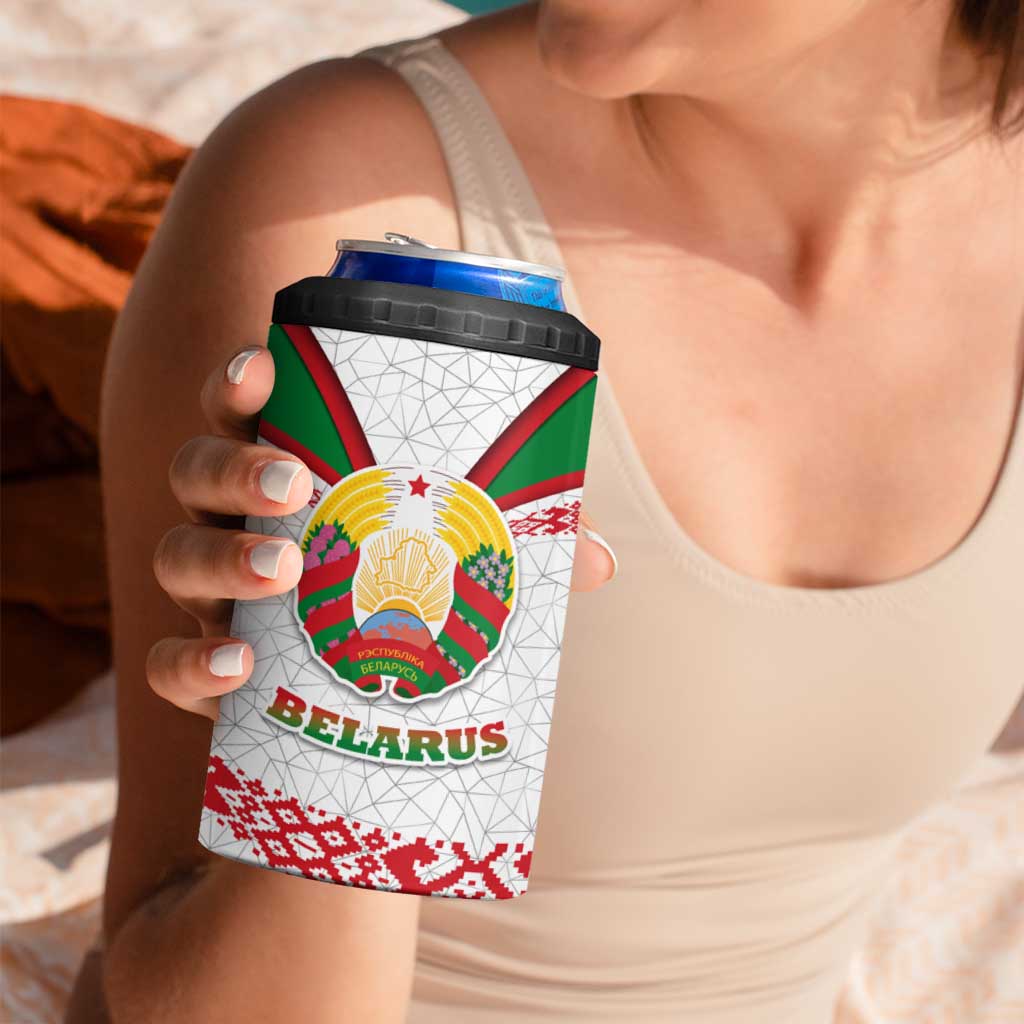 Belarus National Emblem 4 in 1 Can Cooler Tumbler with Folk Pattern White Green Red Sweatshirt
