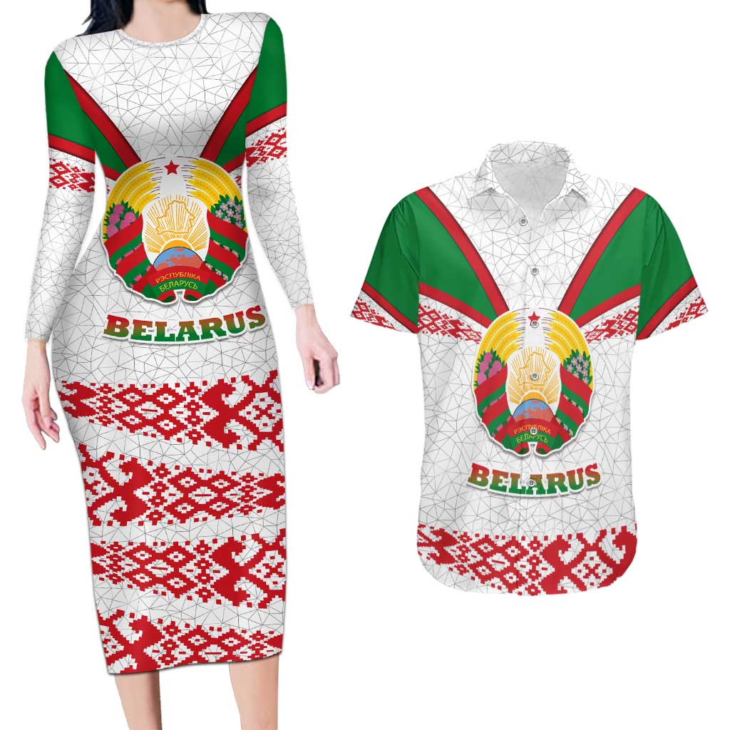 Belarus National Emblem Couples Matching Long Sleeve Bodycon Dress and Hawaiian Shirt with Folk Pattern White Green Red Sweatshirt