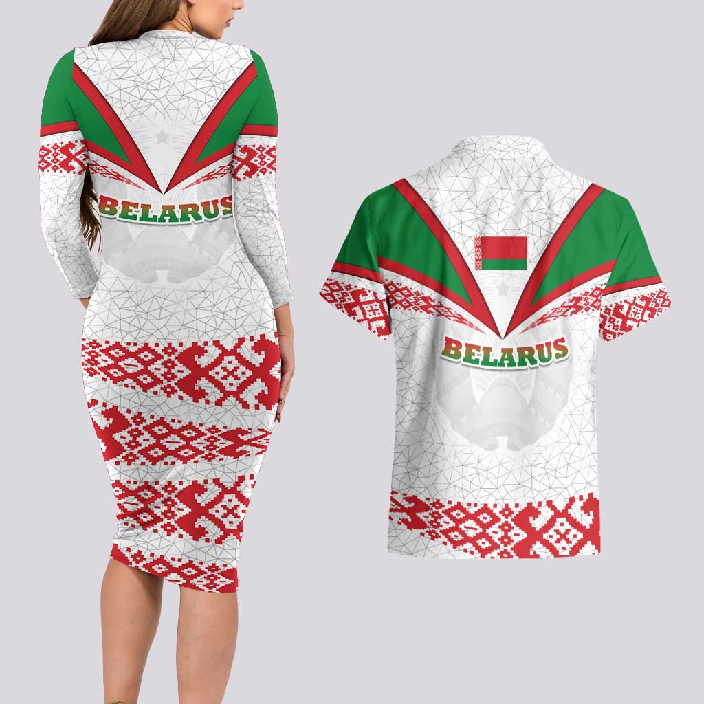 Belarus National Emblem Couples Matching Long Sleeve Bodycon Dress and Hawaiian Shirt with Folk Pattern White Green Red Sweatshirt